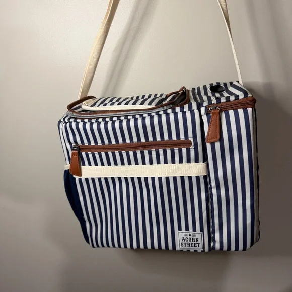Acorn Street 2 Wine Bottles, 12-Can Soft Insulated Cooler Striped With Pockets - Picture 1 of 12